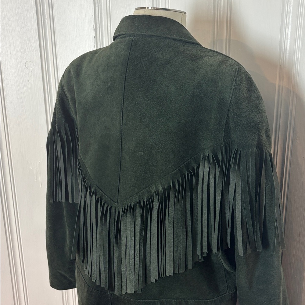 🌲 DIMITRI Vintage Forest Green Suede Fringe Jacket – Size Medium - Picture 4 of 8